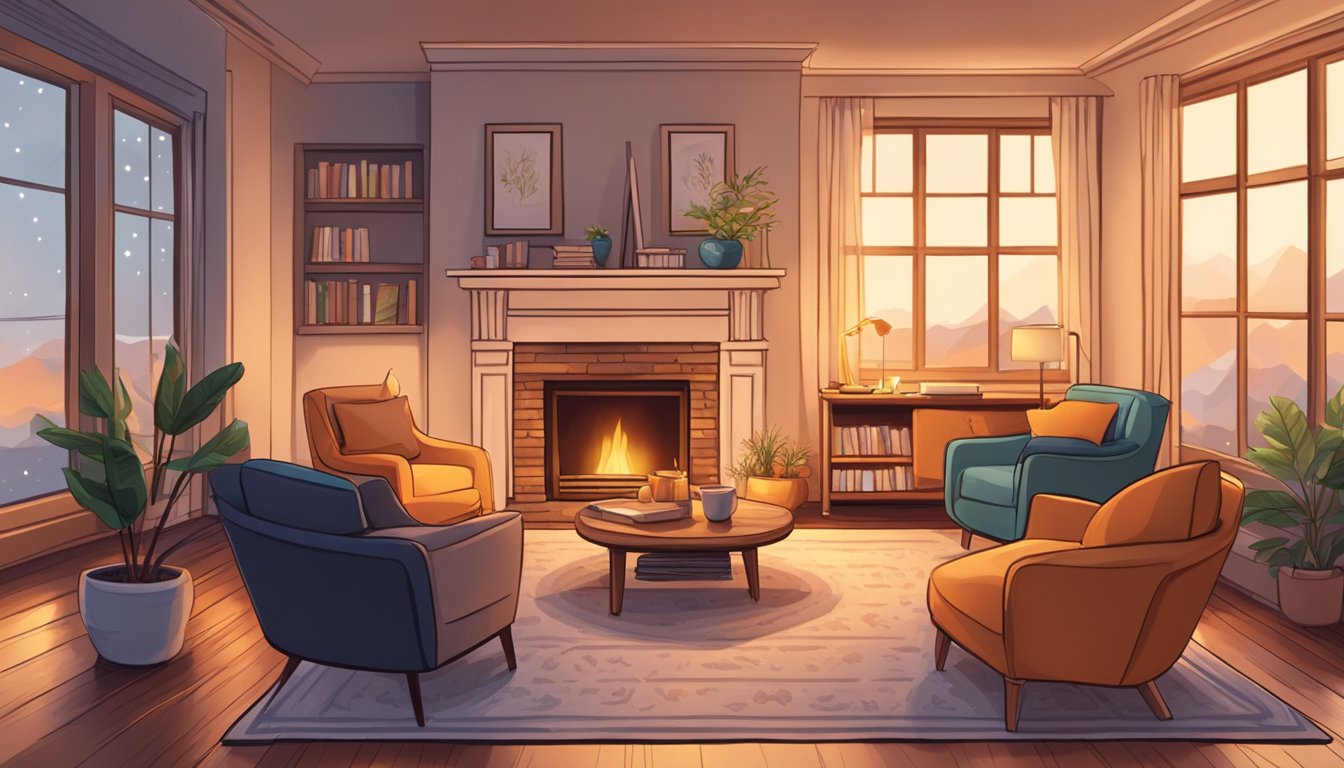 A cozy living room with two chairs facing each other, a stack of books on the table, and a warm fireplace glowing in the background