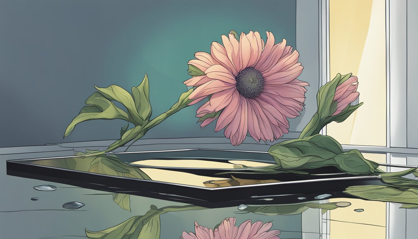 A wilting flower droops over a scale, while a cracked mirror reflects a shadowy figure with a heavy heart