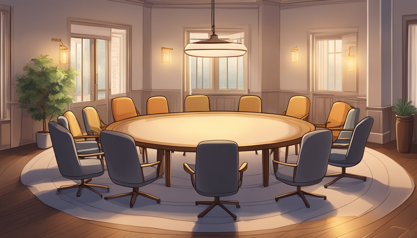 A circle of chairs with a small table in the center, surrounded by soft, warm lighting. A cozy, comforting atmosphere for a support group meeting