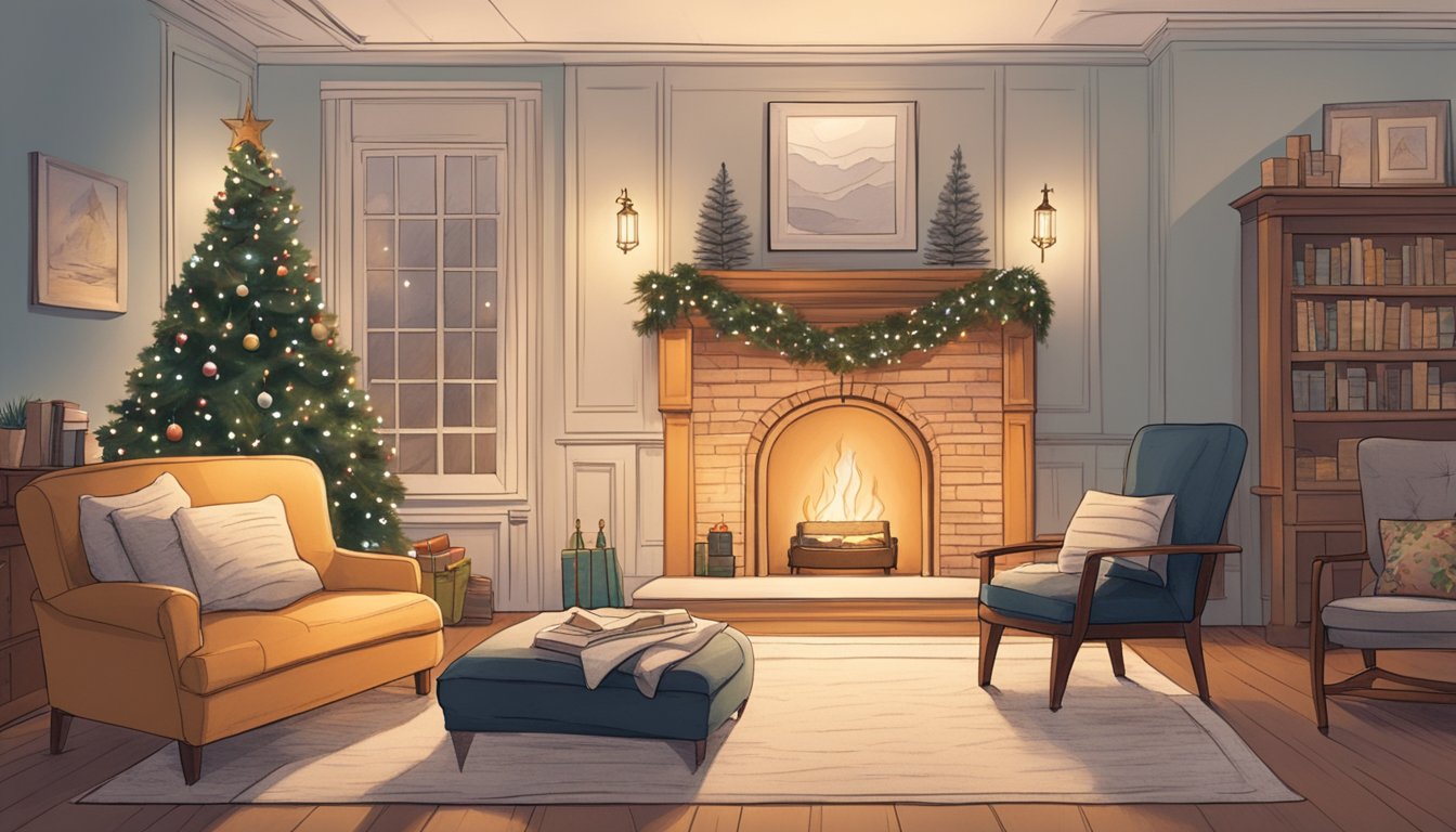 A cozy living room with a crackling fireplace, a softly lit Christmas tree, and a comfortable armchair with a blanket draped over it. A handwritten letter sits on a small table