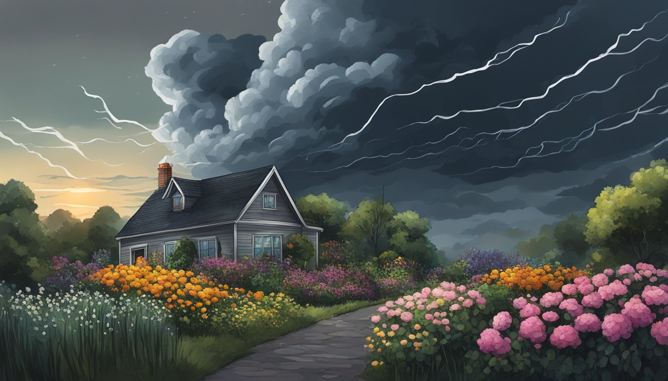 A dark storm cloud hovering over a wilted flower garden