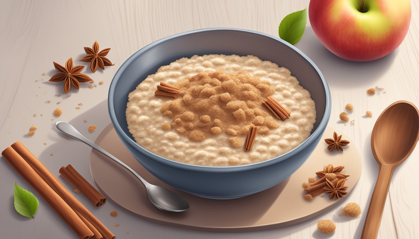 A bowl of oatmeal topped with a sprinkle of cinnamon, surrounded by fresh apples and a measuring spoon filled with ground cinnamon