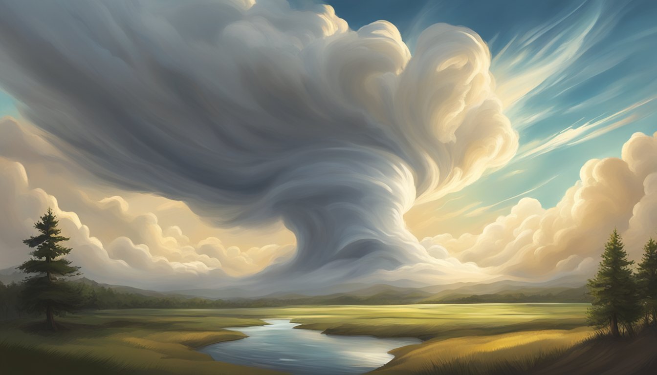 A swirling, turbulent storm cloud hovering ominously over a serene, sunlit landscape