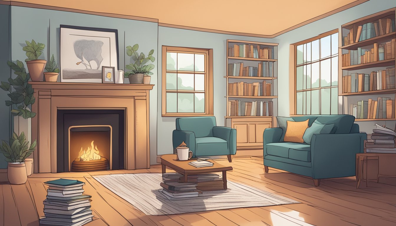 A cozy living room with a crackling fireplace, a cup of hot tea, and a stack of books on grief and coping strategies