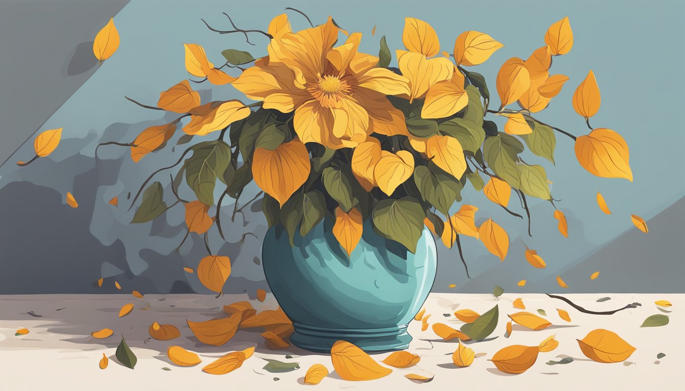 A wilted flower drooping in a vase, surrounded by fallen petals and withering leaves