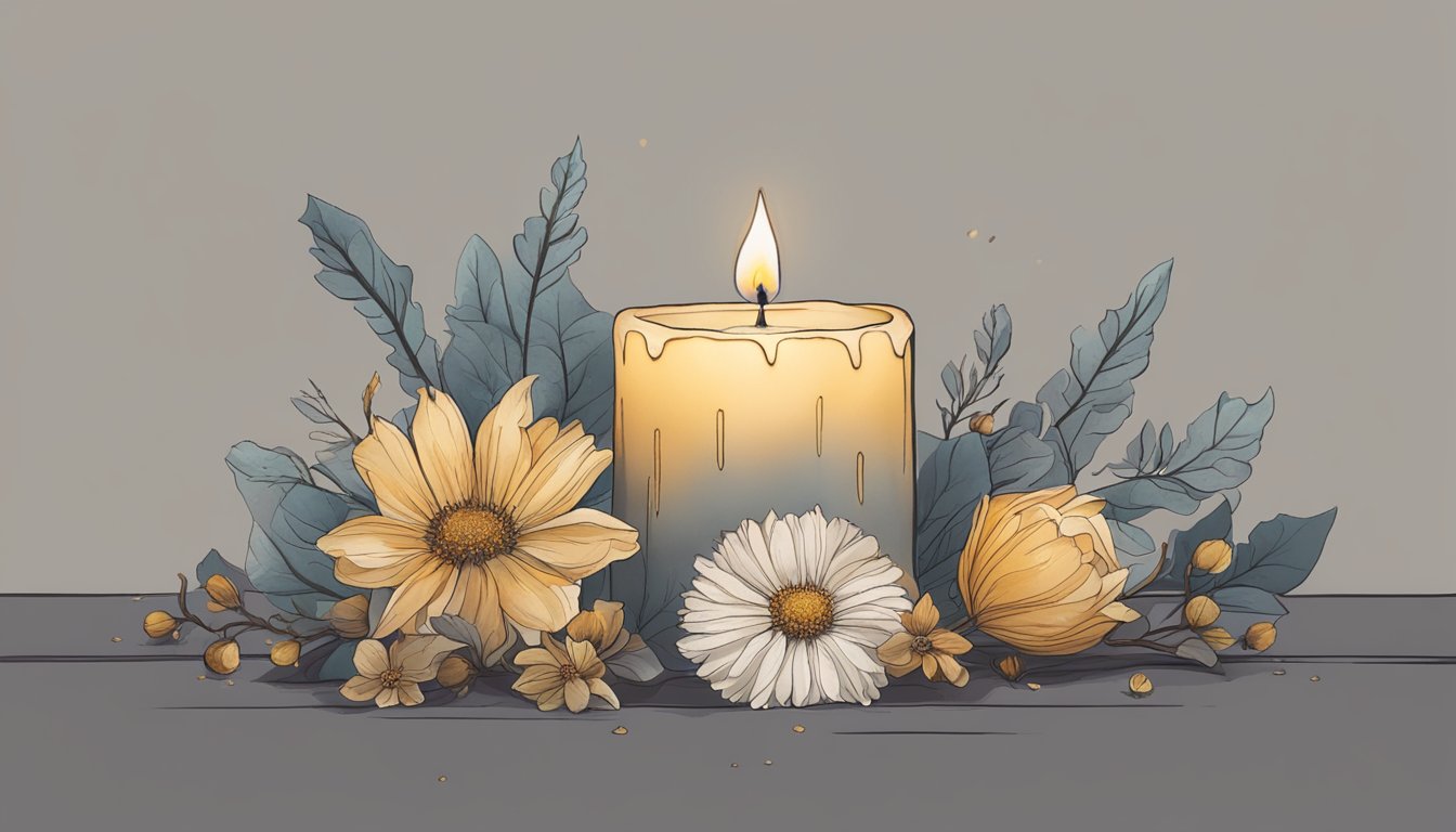 A single lit candle surrounded by wilted flowers and a tear-stained tissue, set against a backdrop of holiday decorations