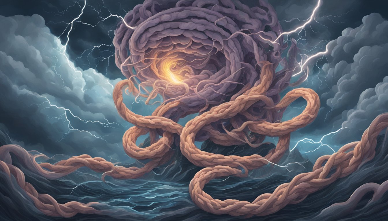 A tangled knot of intestines, surrounded by storm clouds and lightning, symbolizing the unexpected physical symptoms of grief