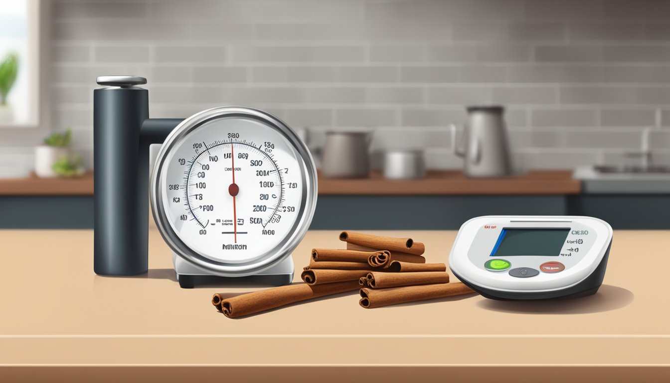 A cinnamon stick and a blood pressure monitor on a kitchen counter