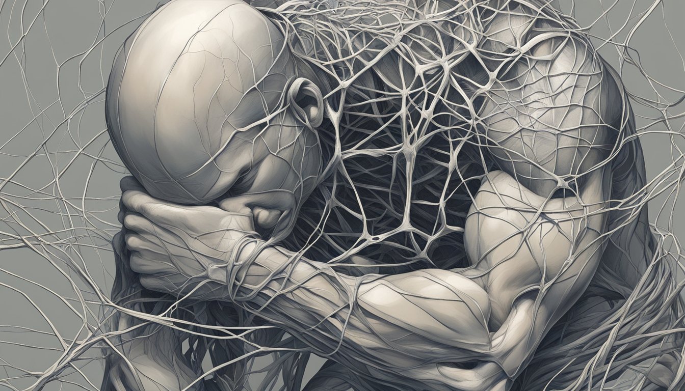 A figure hunched over, clutching their chest in pain, surrounded by a web of tangled, knotted muscles