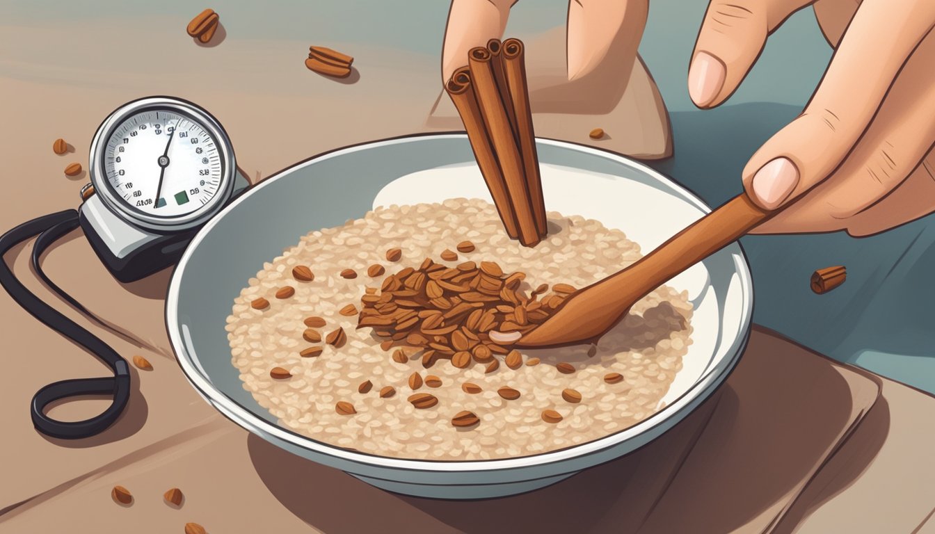 A person sprinkles cinnamon onto a bowl of oatmeal, with a cinnamon stick and a blood pressure monitor nearby