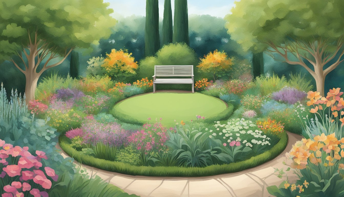 A peaceful garden with five distinct areas, each representing a different type of grief support group. The groups are surrounded by nature and offer a sense of tranquility and healing