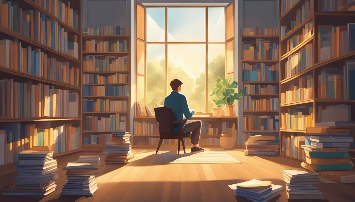 A person sitting in a quiet room, surrounded by books and papers, deep in thought. A ray of sunlight shines through the window, illuminating the scene