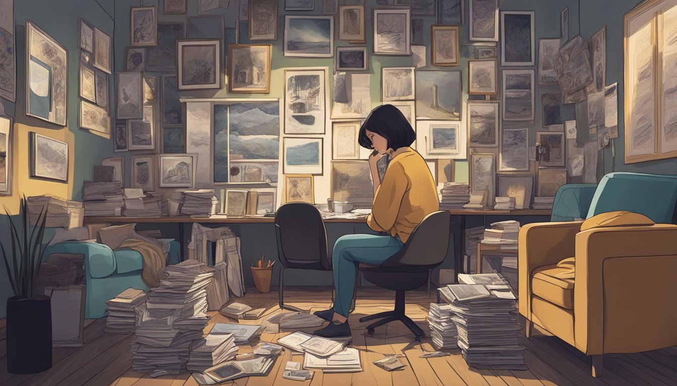 A person sitting alone in a dimly lit room, surrounded by photos and mementos, with a mix of sadness and reflection on their face