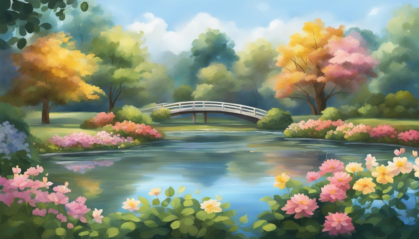 A serene garden with colorful flowers blooming around a tranquil pond, reflecting the blue sky above. A gentle breeze rustles the leaves of the surrounding trees, creating a peaceful and comforting atmosphere