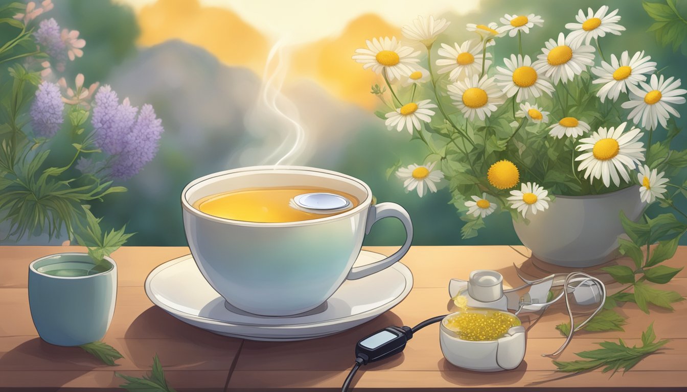 A serene scene of a steaming cup of chamomile tea surrounded by calming botanicals and a blood pressure monitor in the background