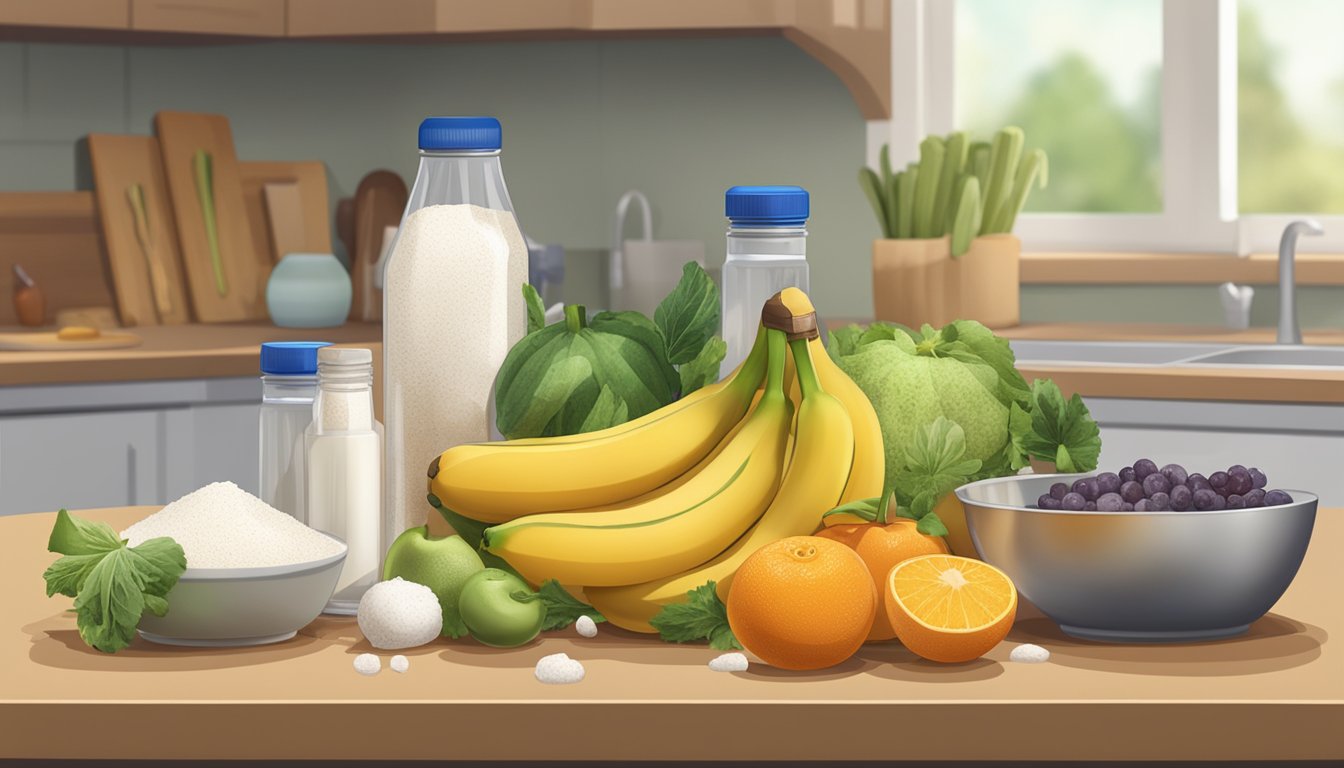 A kitchen counter with a salt shaker and a variety of fruits and vegetables, including bananas, oranges, and potatoes, alongside a bottle of potassium salt substitute