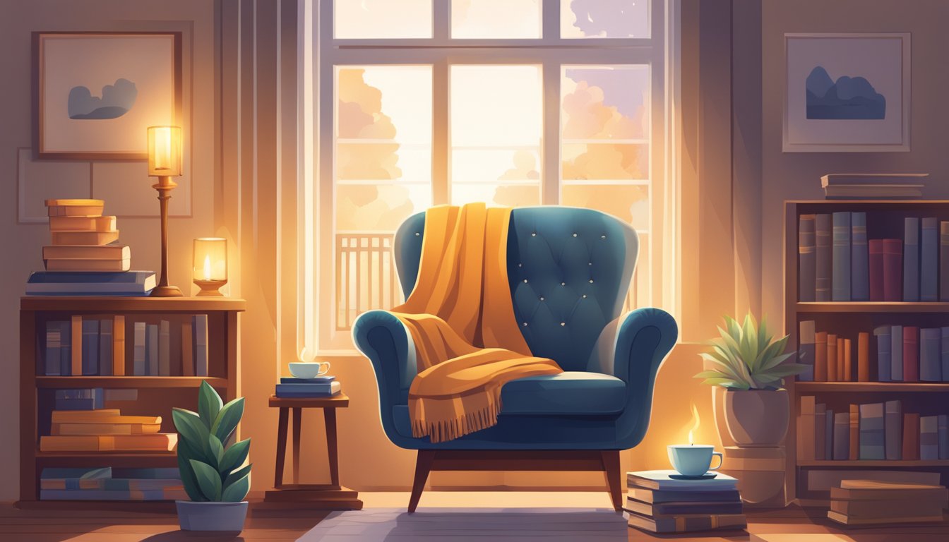 A cozy armchair by a window, with a warm blanket and a cup of tea, surrounded by books and a flickering candle