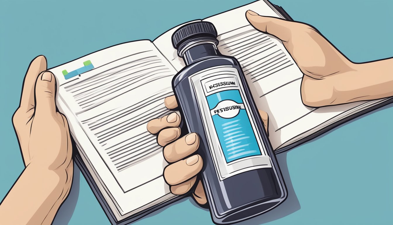 A doctor holding a bottle of potassium salt substitute while reviewing a hypertension guideline book