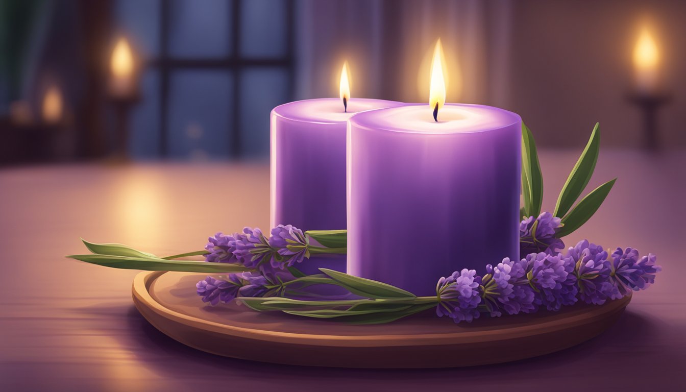 A lavender candle glowing softly on a table, casting a warm and comforting light in a dim room