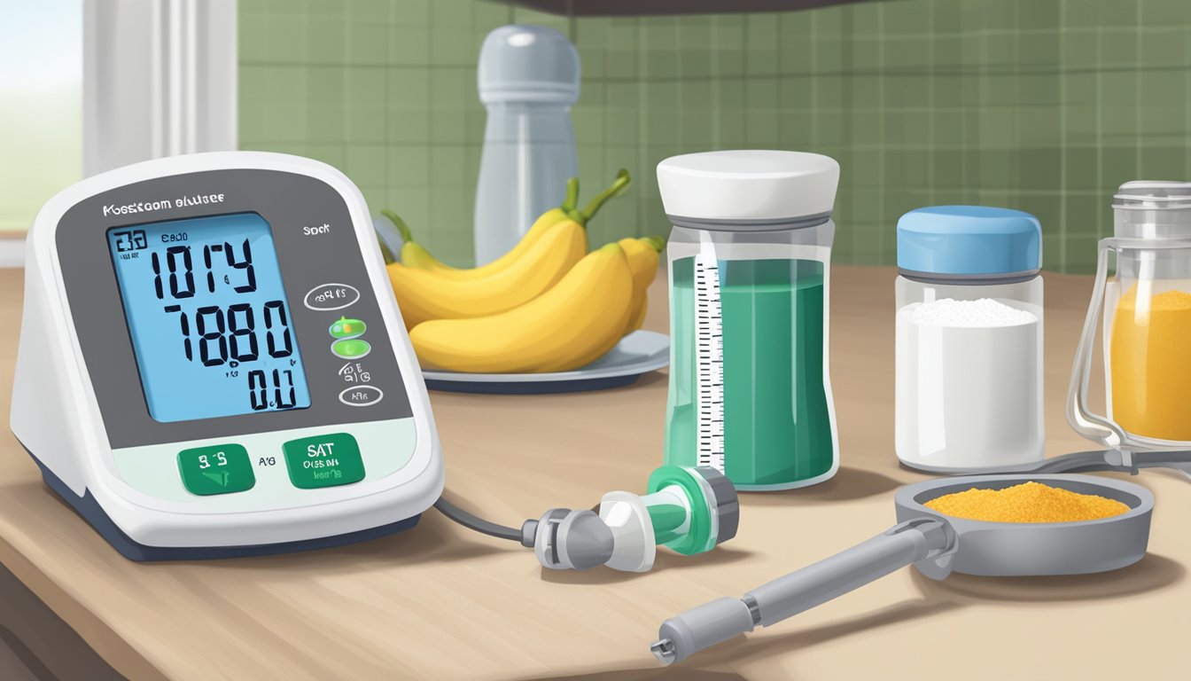 A kitchen counter with a salt shaker and a potassium salt substitute next to a blood pressure monitor