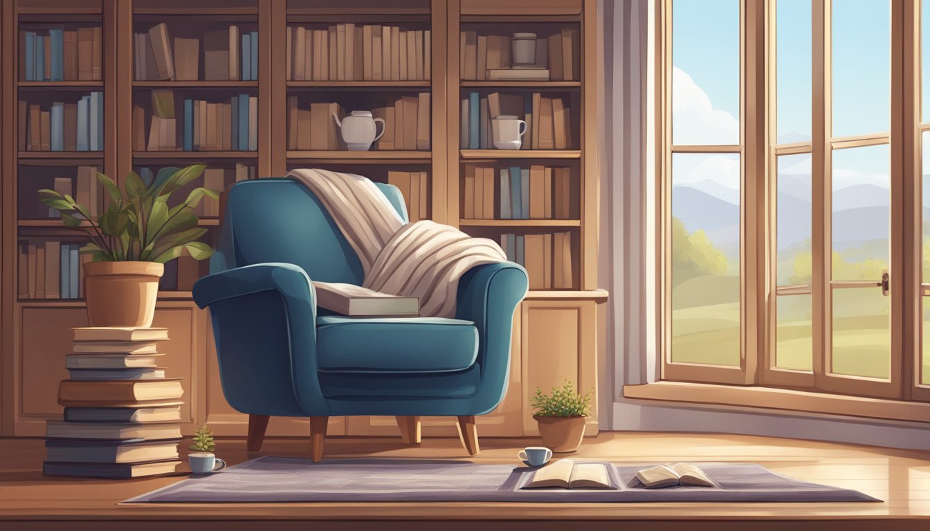 A cozy armchair by a window, with a cup of tea, a warm blanket, and a stack of books on the table. A peaceful and comforting atmosphere