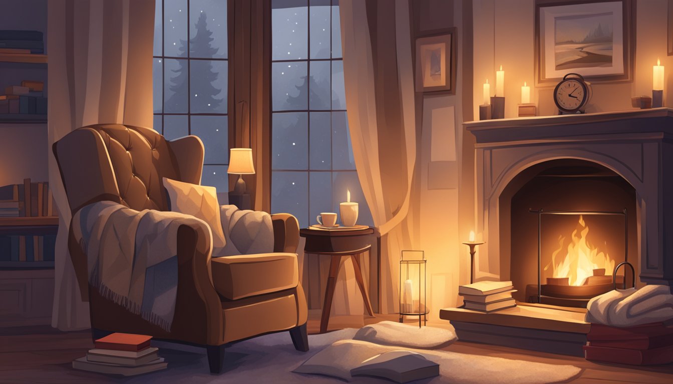 A cozy armchair surrounded by soft, warm blankets and a flickering fireplace, with a cup of hot tea and a good book nearby