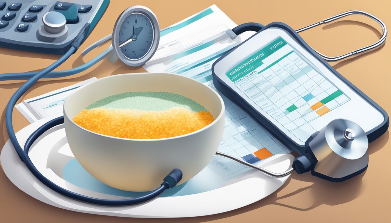 A doctor's office with a stethoscope, blood pressure cuff, and a chart showing global dietary trends. A bowl of potassium salt substitute on the table