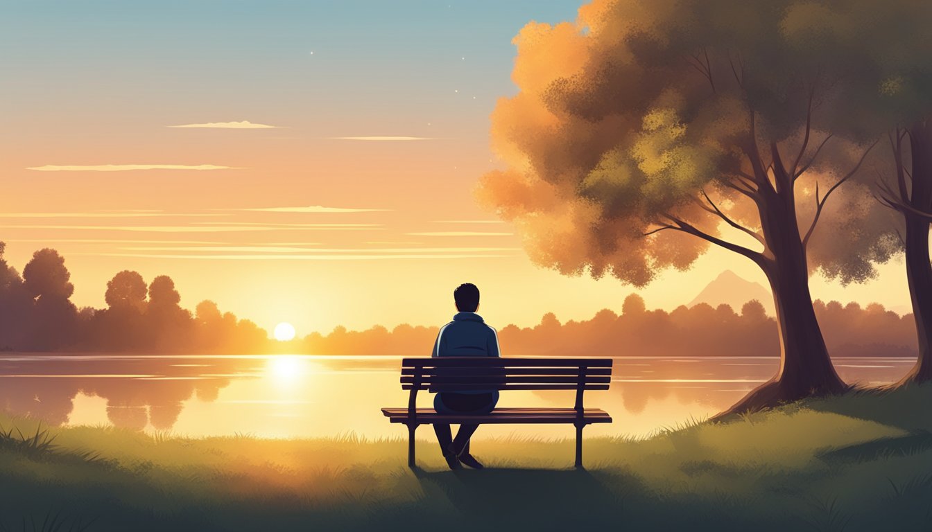 A person sitting alone on a bench in a quiet park, surrounded by nature. The sun is setting, casting a warm, comforting glow over the scene