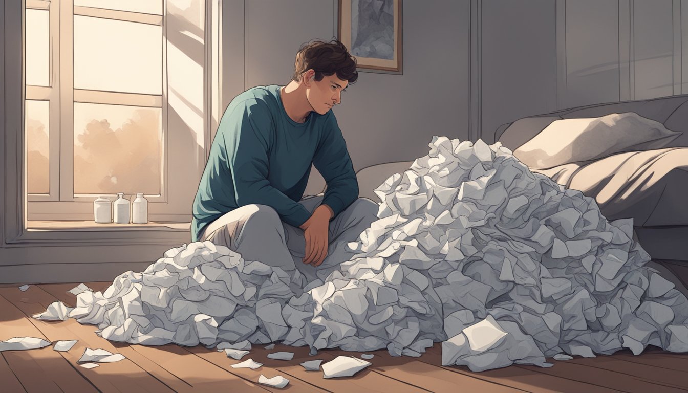 A person sitting in a dimly lit room, surrounded by scattered tissues and a crumpled blanket, with a heavy weight on their shoulders