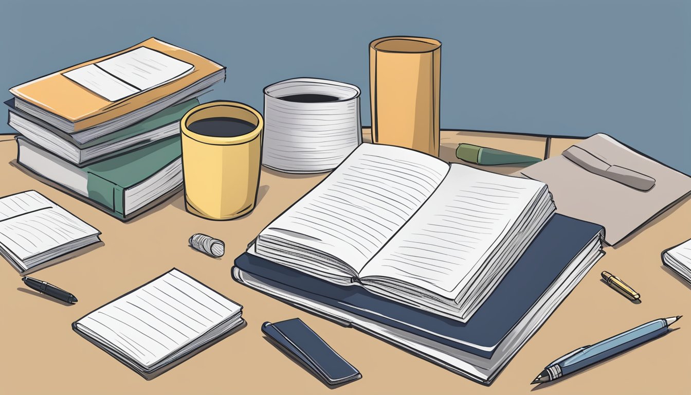 A table with five different types of journals, each labeled with a different type of grief. A pen and a tissue box are nearby