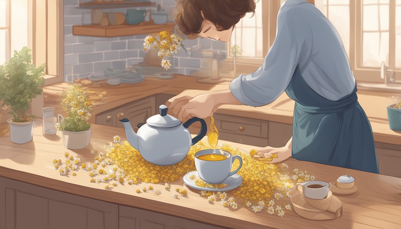 A person placing dried chamomile flowers into a teapot, pouring hot water over them, and letting the tea steep in a cozy kitchen