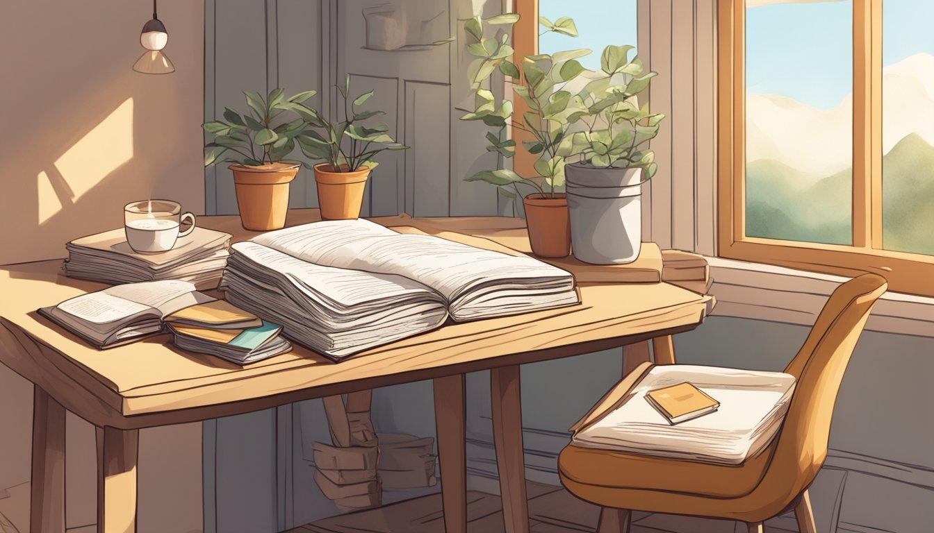 A cozy, sunlit room with a desk holding five different journals, each with a unique design and color. A soft blanket and a cup of tea sit nearby, inviting relaxation and introspection