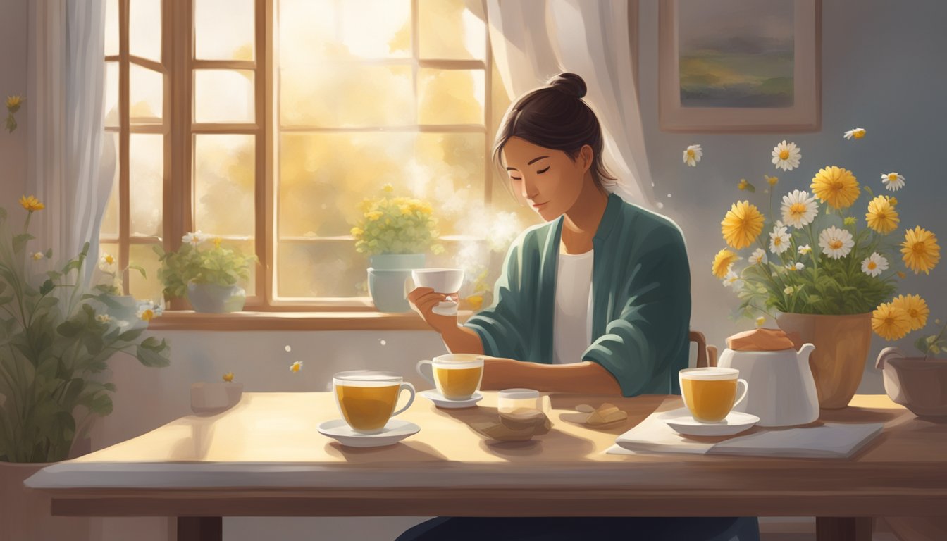 A person sitting at a table with a steaming cup of chamomile tea, surrounded by calming elements like soft lighting and a peaceful setting