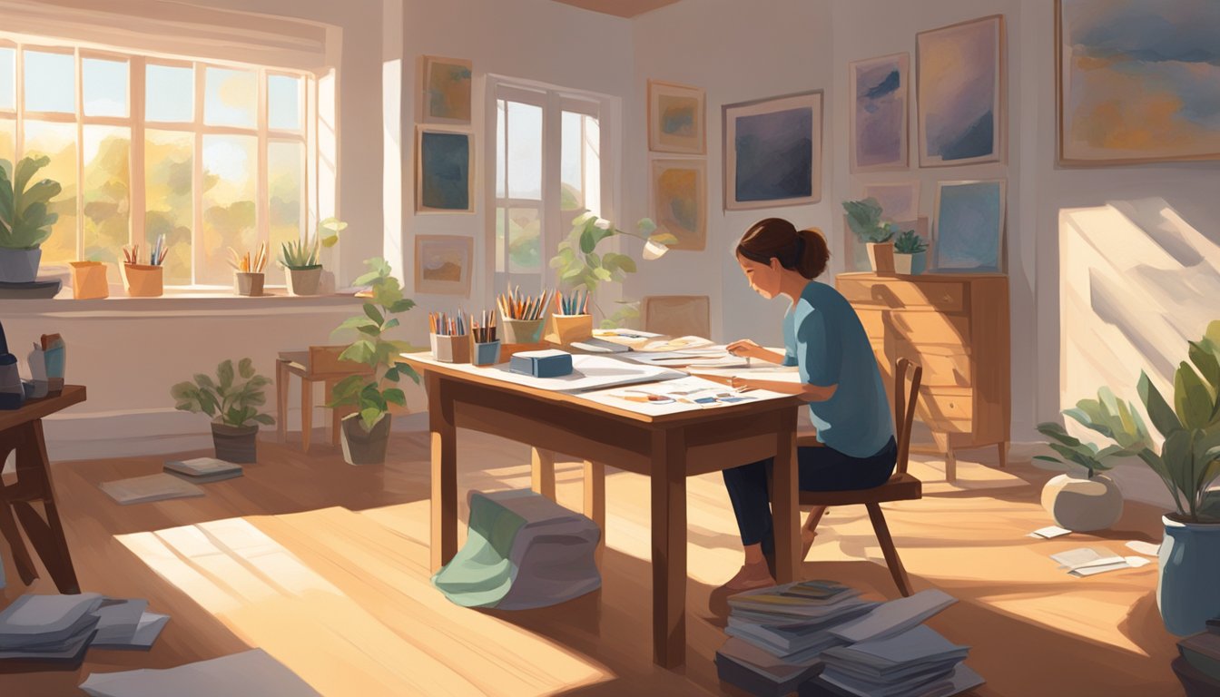 A serene, sunlit room with a table covered in art supplies. Soft music plays in the background as a person sits quietly, creating a piece of art to process their grief