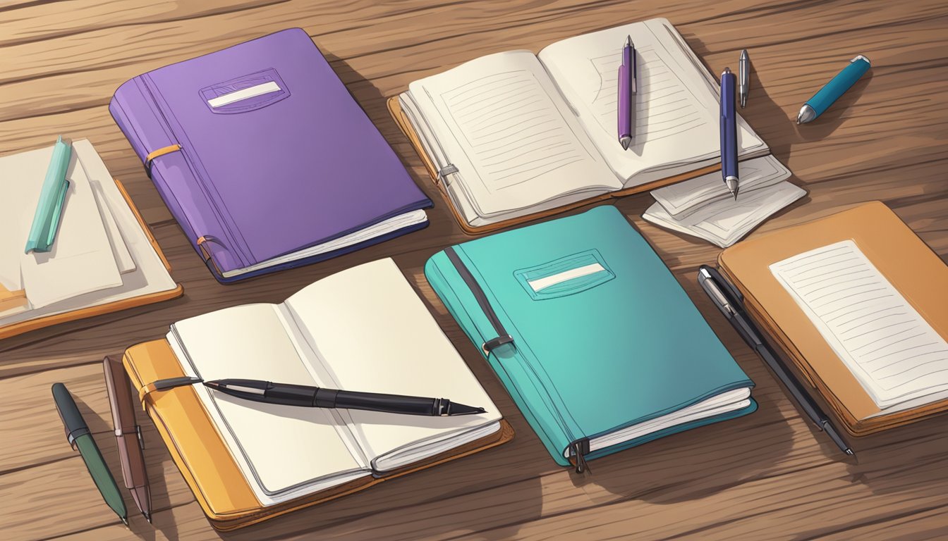 A collection of five different journals, each with unique designs and prompts, arranged on a wooden table with a pen next to them