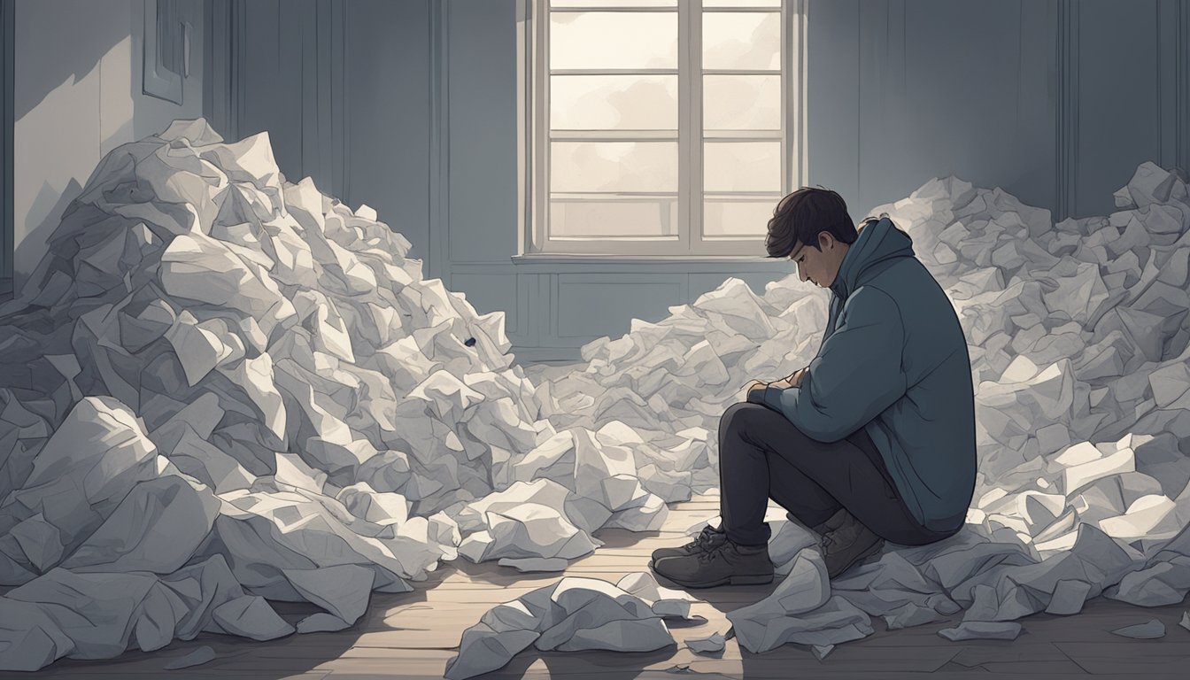 A figure sits alone in a dimly lit room, surrounded by scattered tissues and crumpled blankets. The weight of grief is palpable in the heavy atmosphere