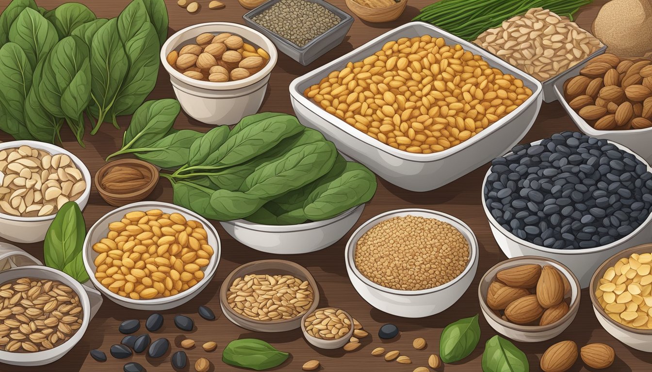 A variety of foods rich in magnesium, such as spinach, nuts, seeds, and whole grains, arranged on a table