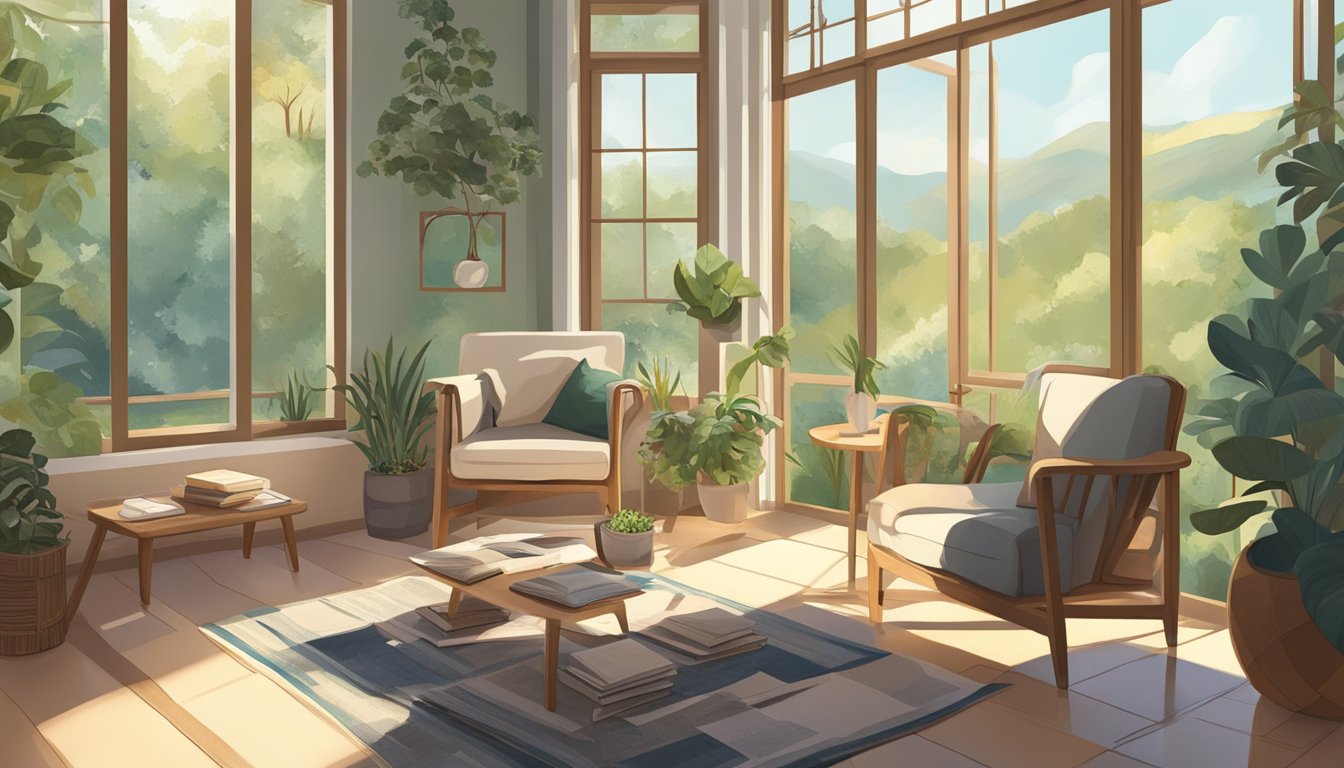 A peaceful, sunlit room with a cozy armchair and a small table, surrounded by nature. Five different types of journals are neatly arranged on the table, each with unique covers and designs