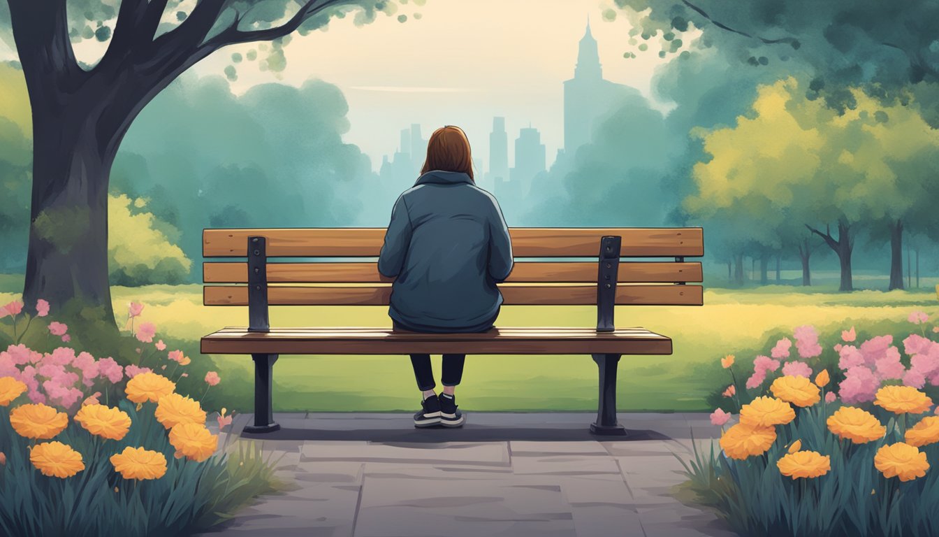 A person sitting alone on a park bench, surrounded by wilting flowers and a somber atmosphere