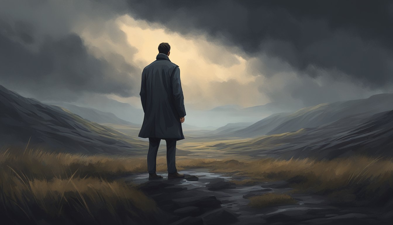 A solitary figure standing in a dark, stormy landscape, with a sense of determination and resilience in their posture