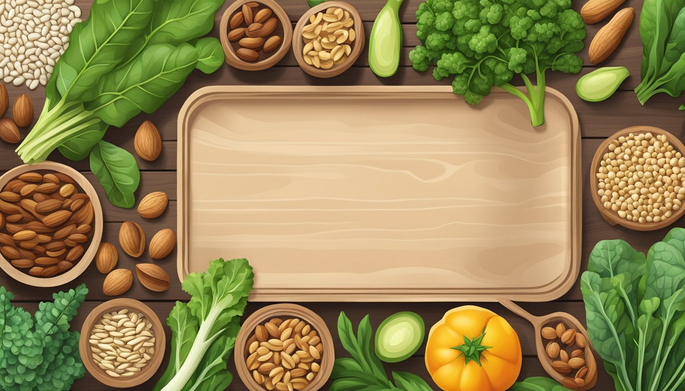 A colorful array of leafy greens, nuts, seeds, and legumes, rich in magnesium, arranged on a wooden cutting board