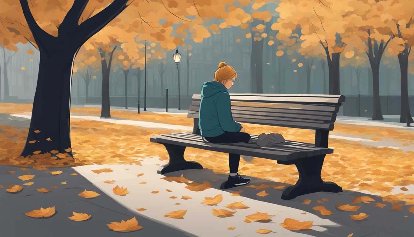 A person sitting alone on a park bench, surrounded by wilting flowers and fallen leaves, with a somber expression on their face