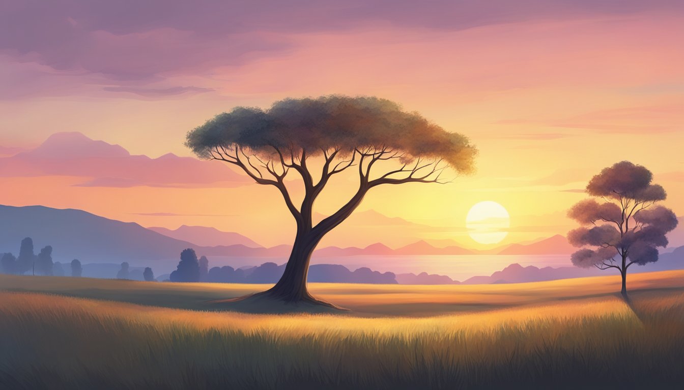 A serene landscape with a peaceful sunset and a solitary tree, symbolizing comfort and solace in the midst of grief