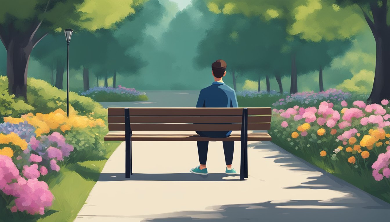 A person sitting alone on a bench in a quiet park, surrounded by trees and flowers, with a somber expression on their face