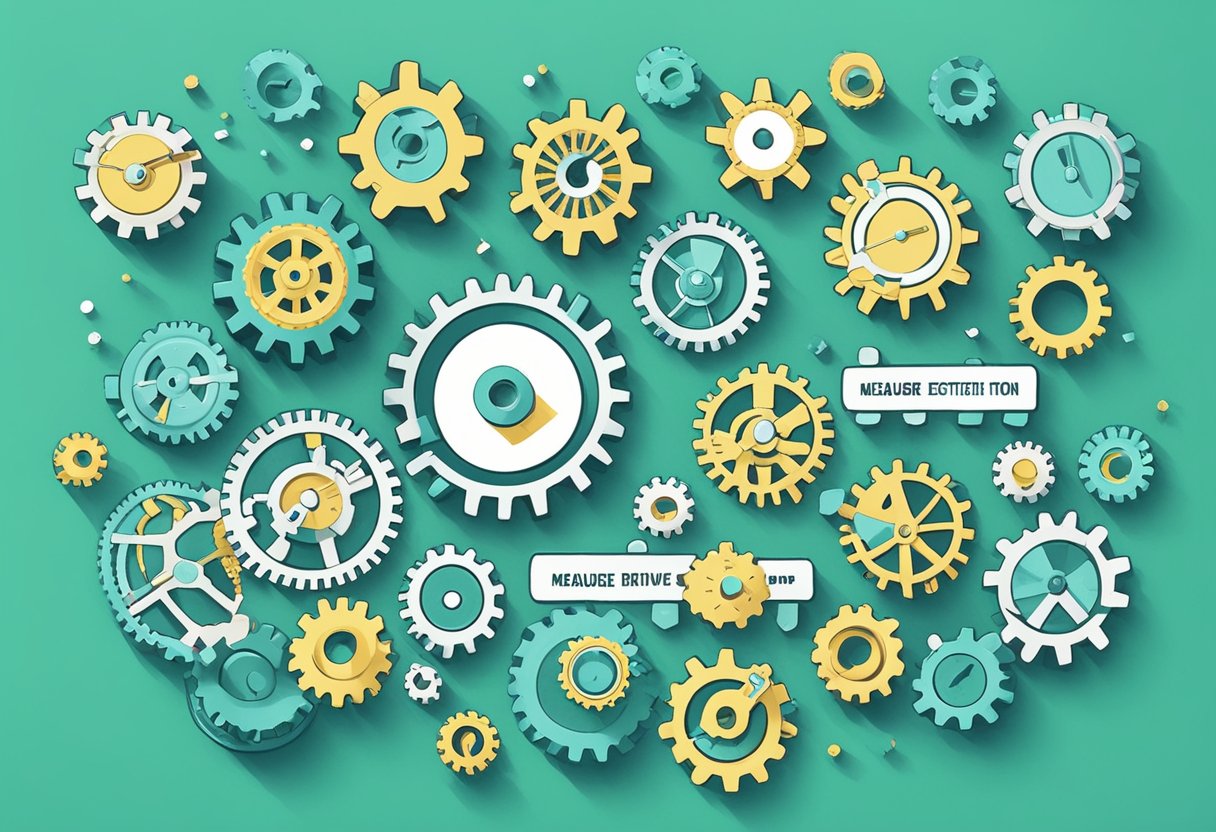 A series of interconnected gears and cogs, each labeled with words like "measure," "analyze," and "improve," working together to drive a machine representing b2b marketing enablement for sales