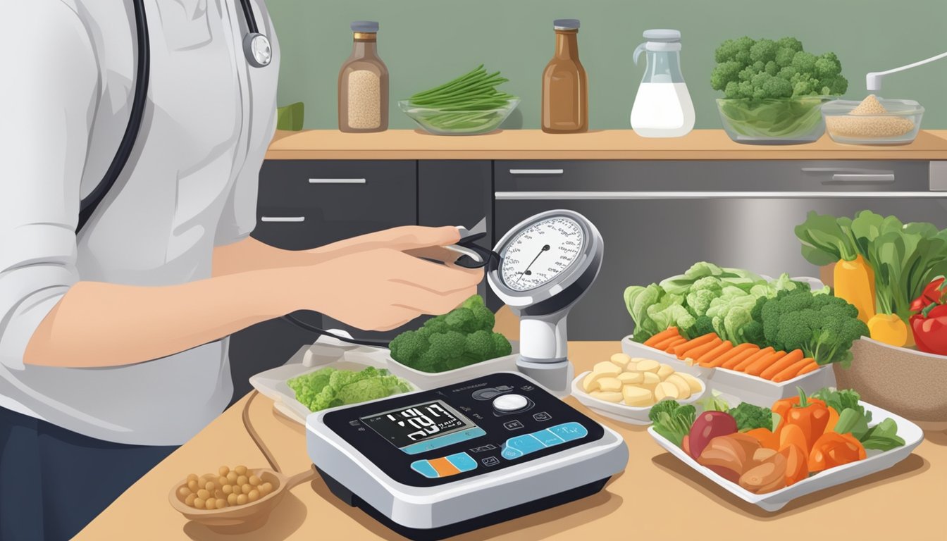 A person preparing a meal with a variety of soy products and fresh vegetables, with a blood pressure monitor in the background