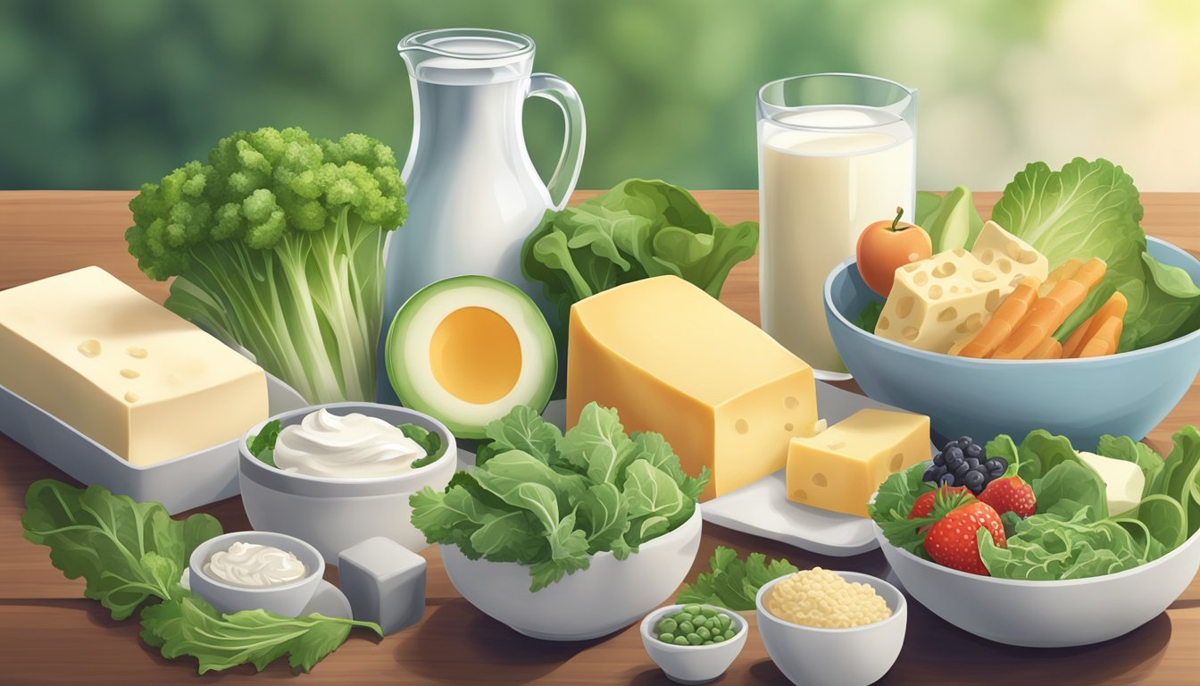 A variety of calcium-rich foods arranged on a table, including dairy products, leafy greens, and fortified non-dairy alternatives