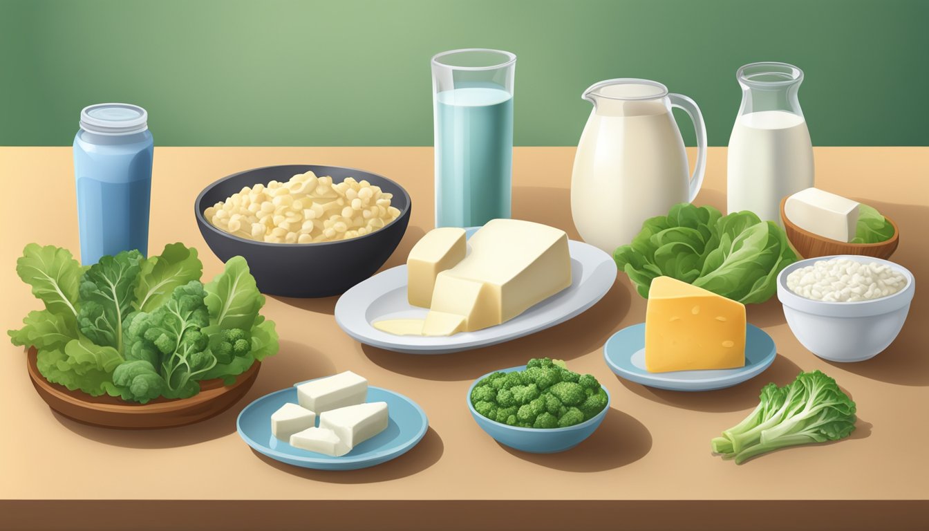 A variety of calcium-rich foods arranged on a table, including dairy products, leafy greens, and fortified non-dairy alternatives