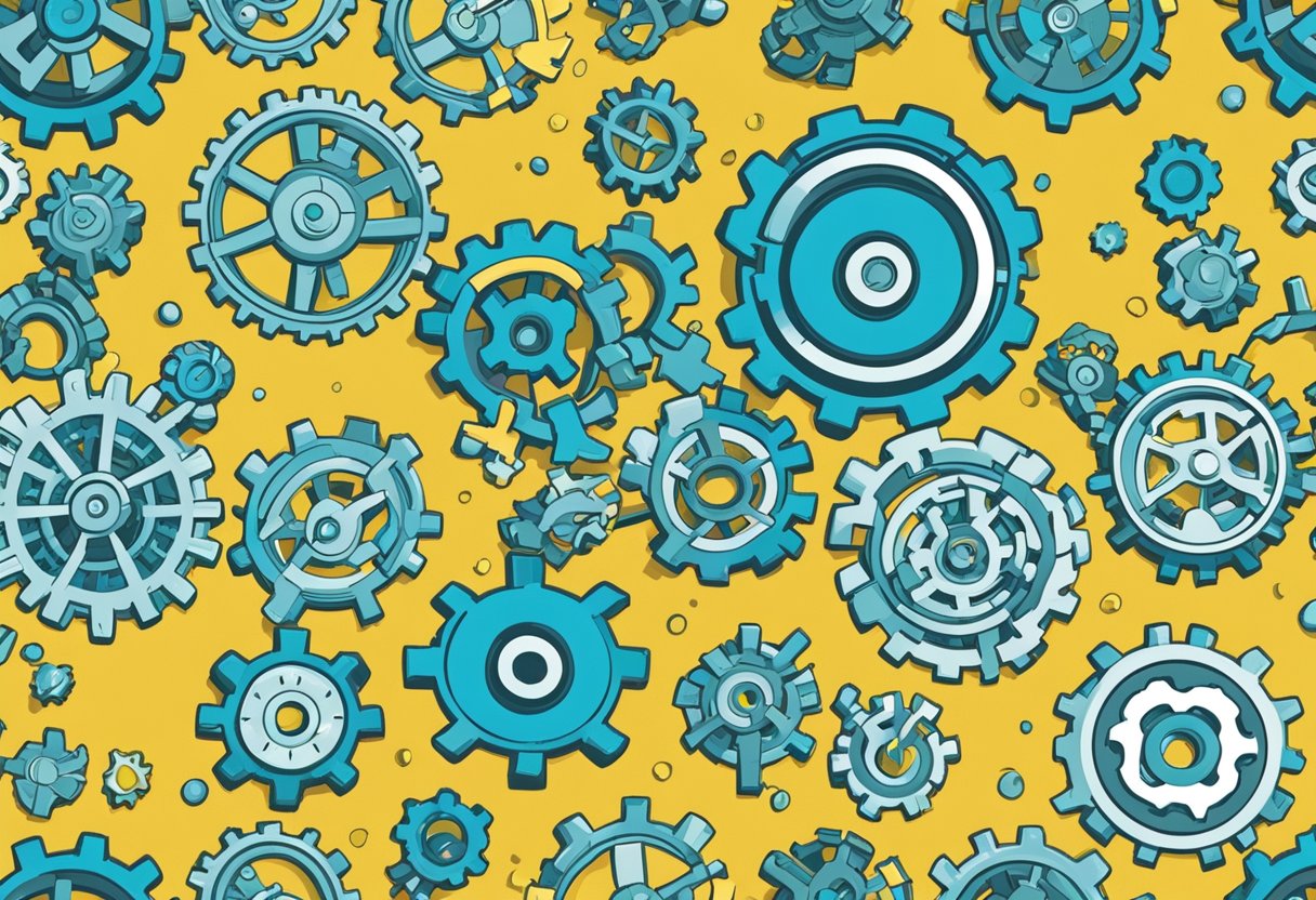 A group of dynamic gears interlocking and turning in unison, symbolizing the seamless coordination and synergy of a fully enabled sales team