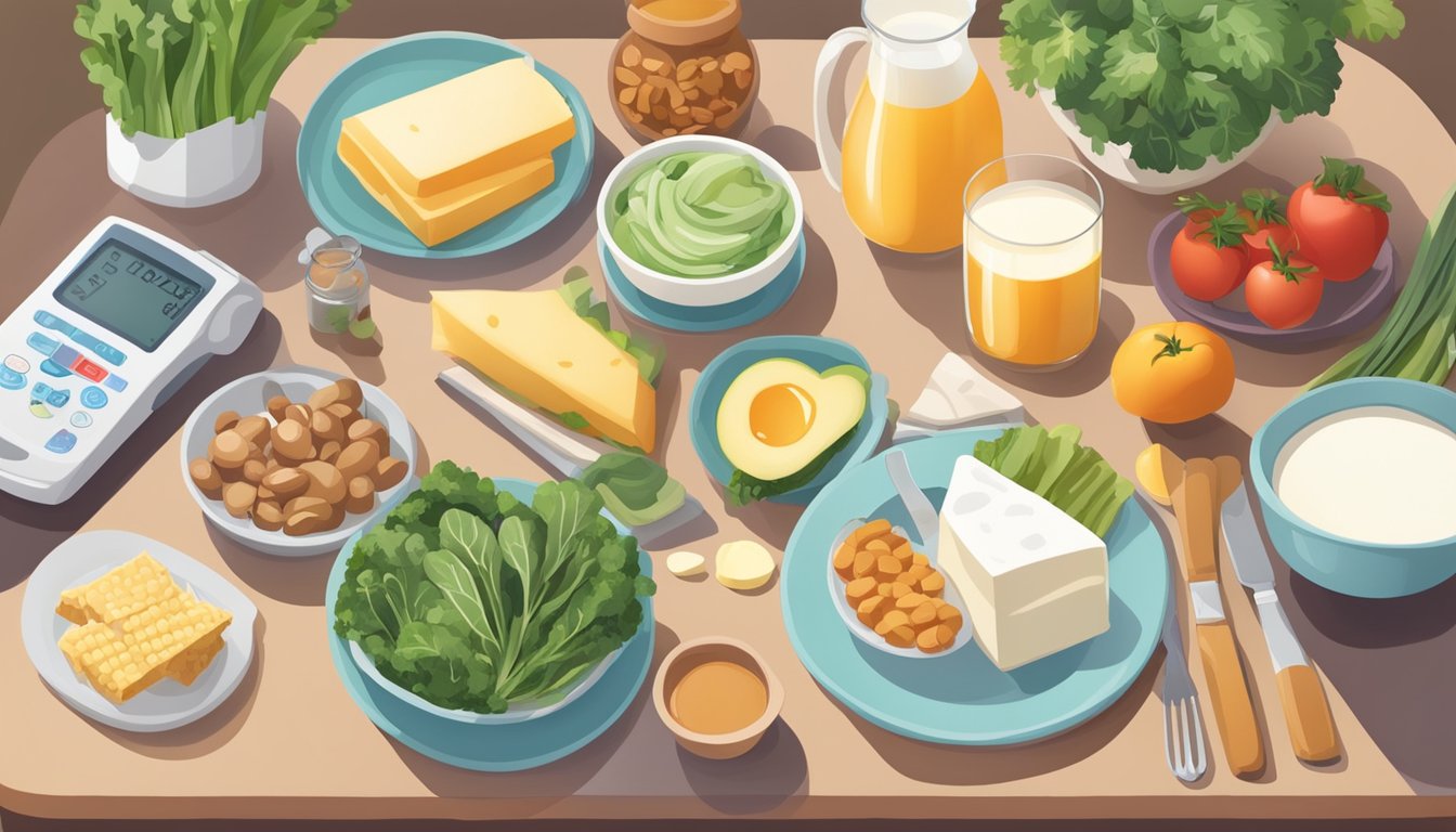 A table with a variety of foods rich in calcium, such as dairy products, leafy greens, and fortified plant-based milk, surrounded by blood pressure monitoring equipment and a heart-healthy cookbook